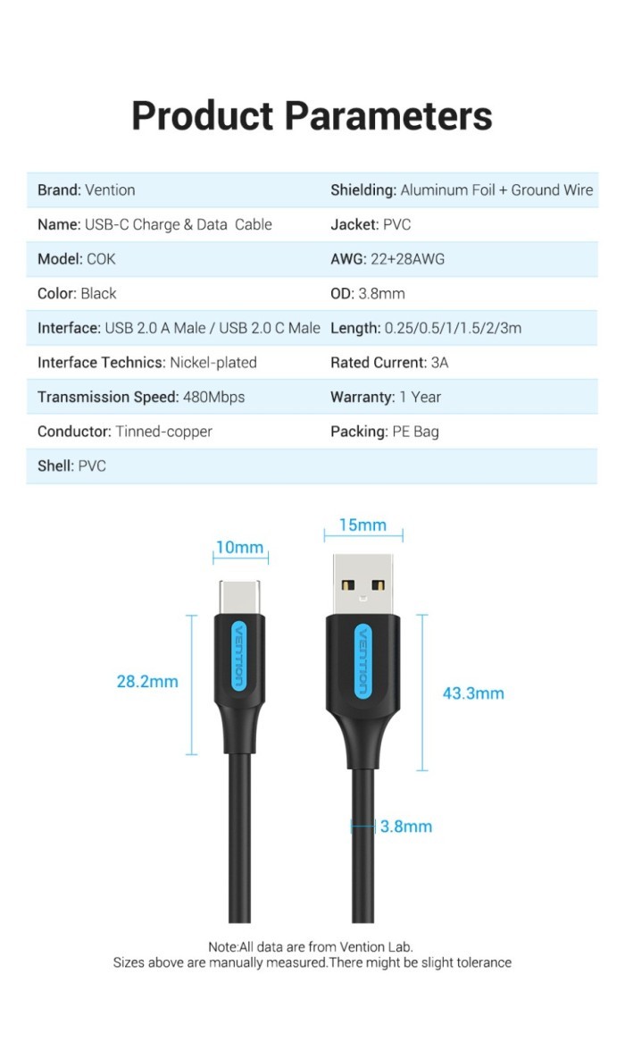 Vention - Kabel USB 2.0 A Male to C Male 3A 1.5M Black COKBG / Kabel Data  