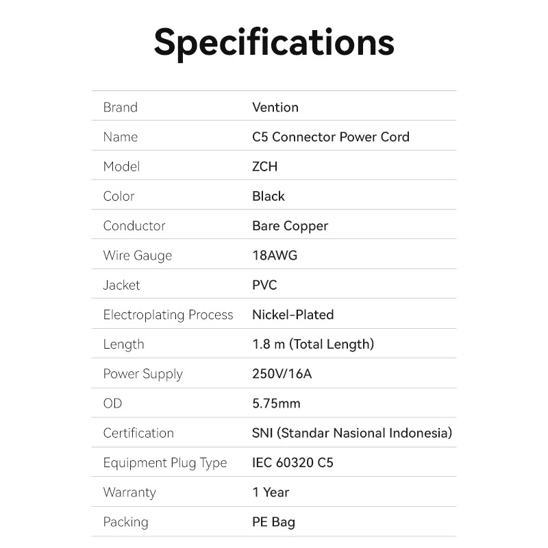 Vention - Power Cord 3-Prong 1.8M C5 Connector EU Plug ZCHBAC  