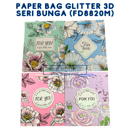 Paper Bag Glitter 3D Seri Bunga FD8820M / Tas Kertas Shopping Bag / Goodie Bag