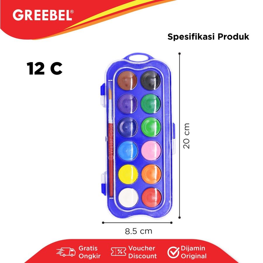 Cat Air Greebel Watercolor Cake 12 Warna + Kuas  