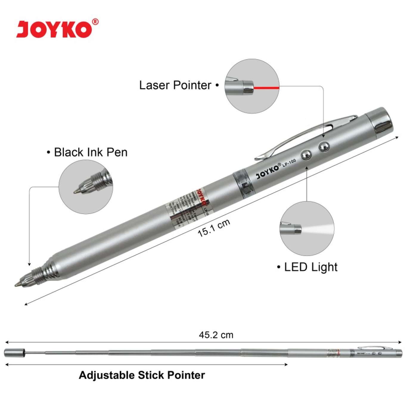 Laser Pointer Joyko LP-100 / Penunjuk Laser 4 In 1 / Senter