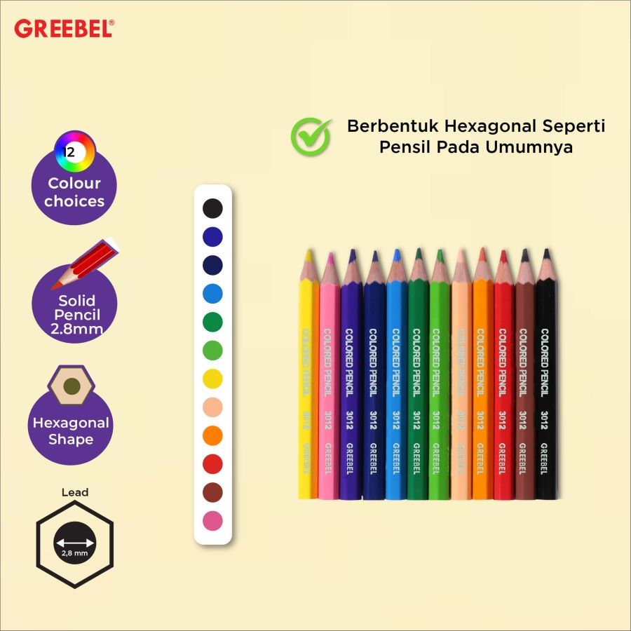 Pensil Warna Greebel 3012 HC Pendek Isi 12 Warna Half Color / Color Pencil
