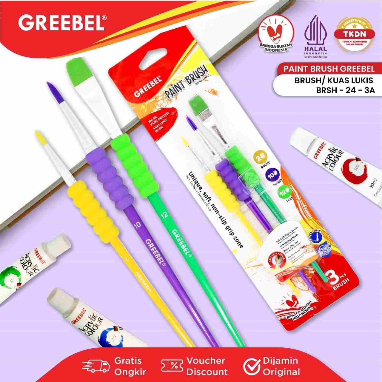 Kuas Lukis Brush Greebel BRSH-24-3A / Kuas SET Round & Flat Isi 3  