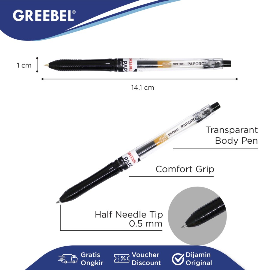 Pulpen Greebel / Greebel GP-507 PaPoro 0.5MM Body Hitam - Warna / Ballpoint  