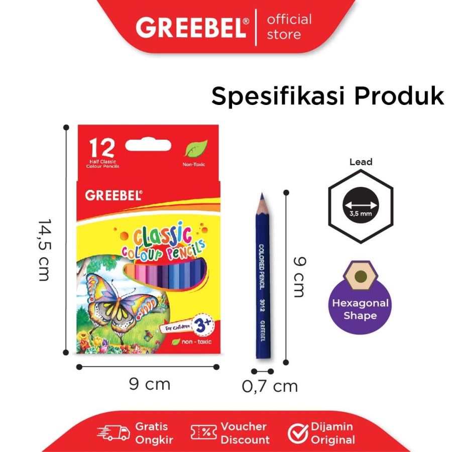 Pensil Warna Greebel 3012 HC Pendek Isi 12 Warna Half Color / Color Pencil