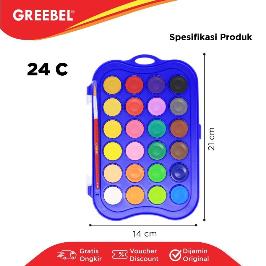 Cat Air Greebel Watercolor Cake 24 Warna + Kuas  