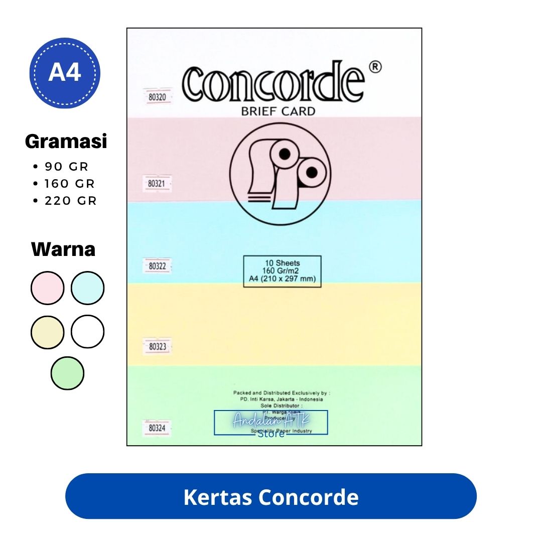 Kertas Concorde Ukuran A4 Isi 20 Lembar [90gr, 160gr dan 220gr] Kertas Sertifikat Brief Card  