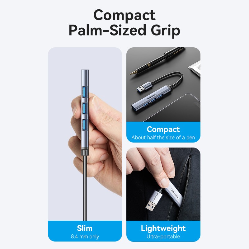 Vention - Mini HUB 0.15M USB 3.0 to USB 3.0/USB 2.0*3 Gray CKOHB Port Hub  