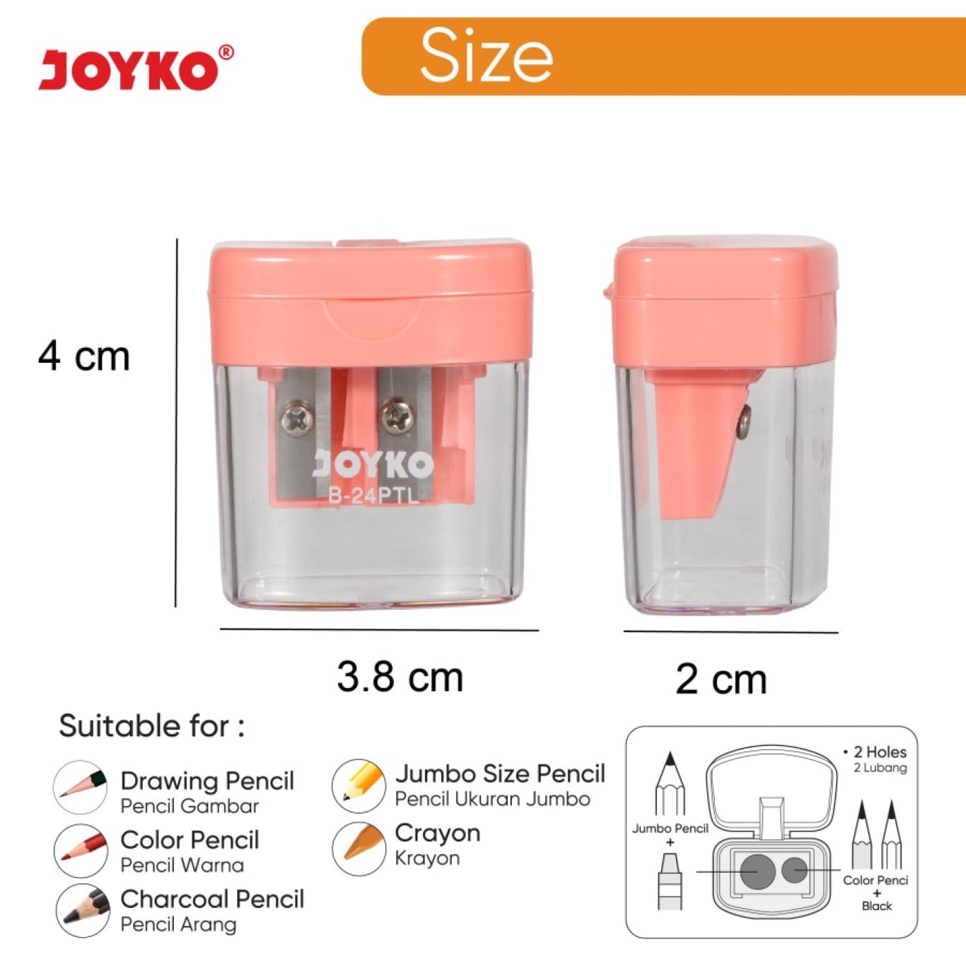 Rautan Pensil / Serutan Pensil Joyko B24 Warna Pastel / Pencil Sharpener 2 Lubang  