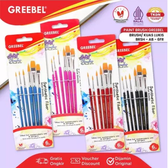 Kuas Lukis Brush Greebel BRSH-AB-6FR / Kuas SET Round & Flat Isi 6  