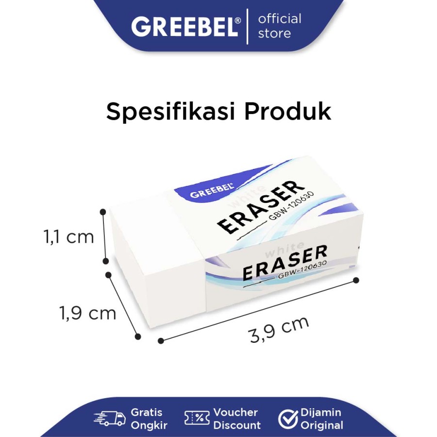 Penghapus Greebel Putih / Greebel Eraser GBW-120640 Kecil - Sedang - Besar / Hapusan Pensil Putih