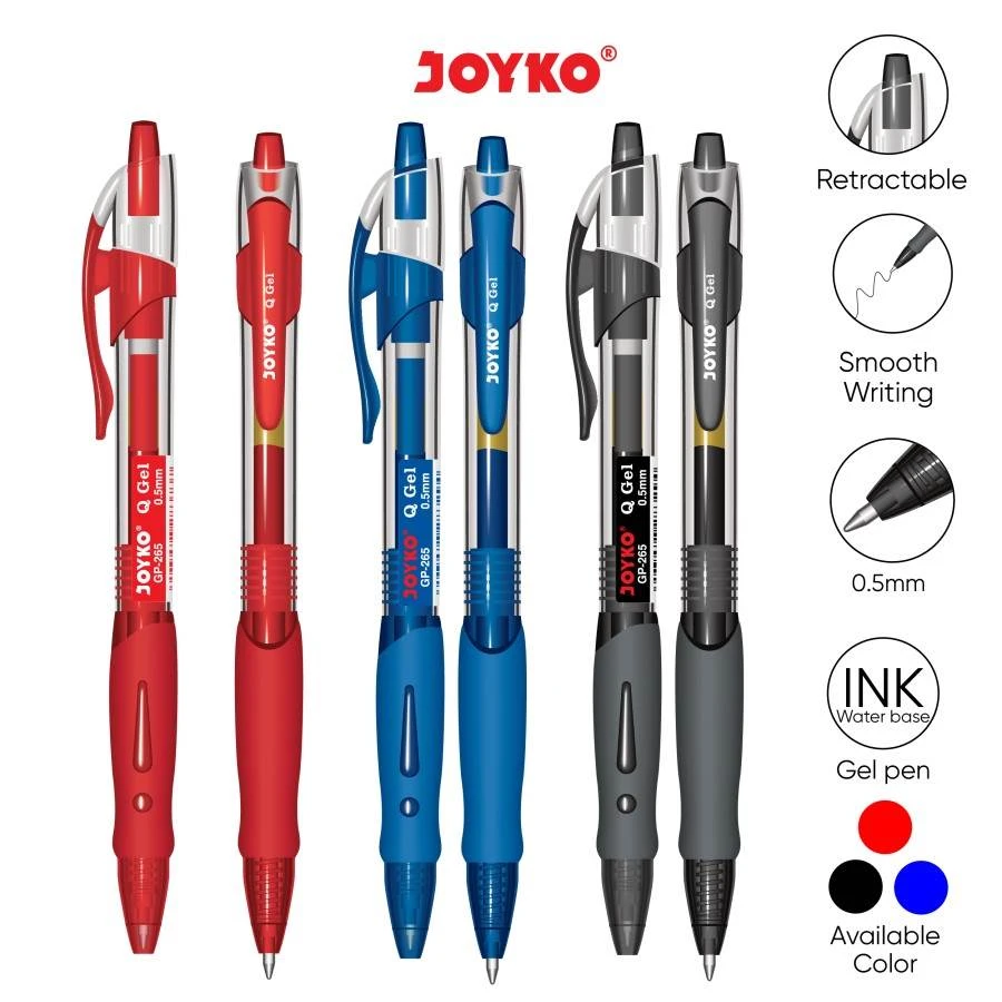 Pulpen / Ballpen Gell Joyko GP-265 Bullet Tip Ukuran 0.5mm Warna Black , Red, Blue