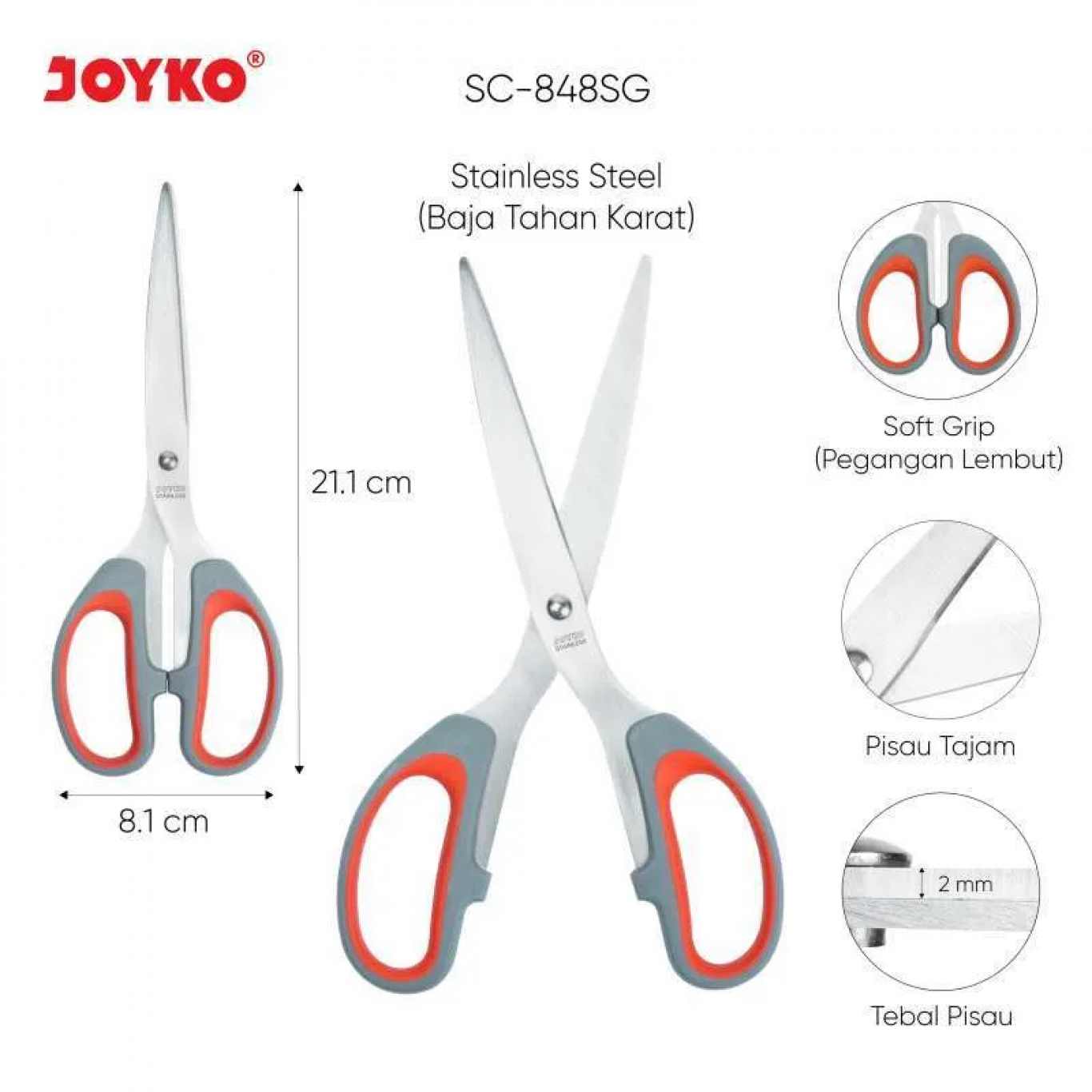 Gunting Joyko Scissor Stainless Soft Grip / Handel Karet SC-828SG / SC-838SG / SC-848SG  
