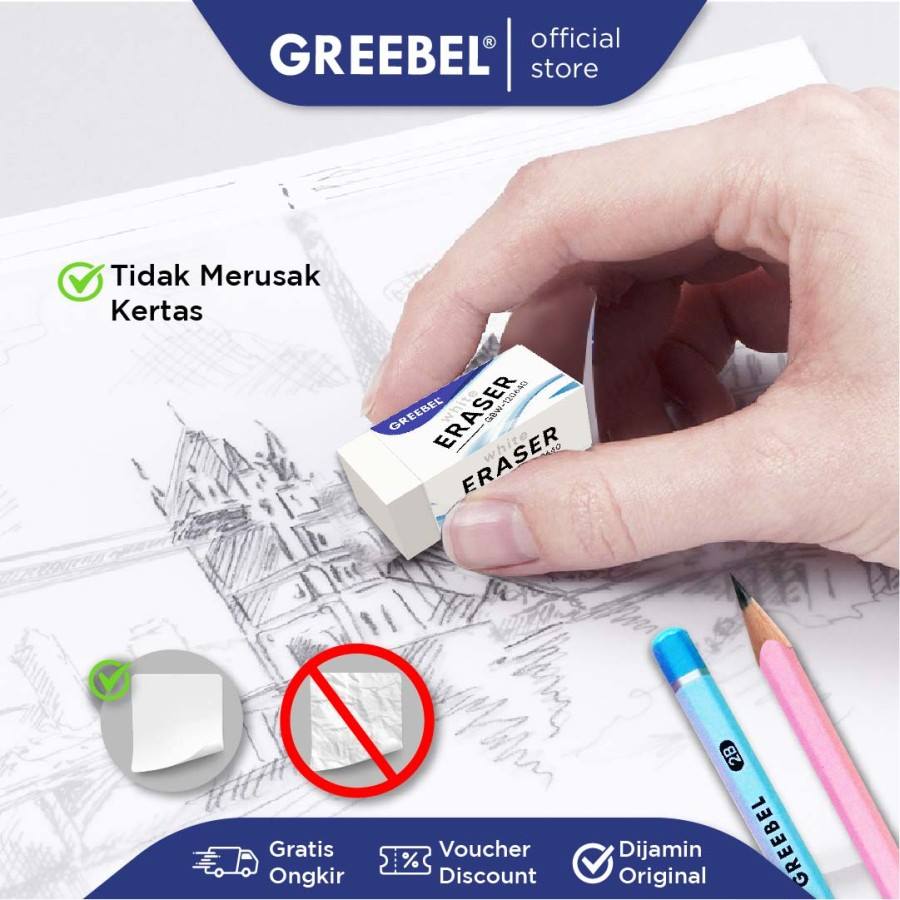 Penghapus Greebel Putih / Greebel Eraser GBW-120640 Kecil - Sedang - Besar / Hapusan Pensil Putih