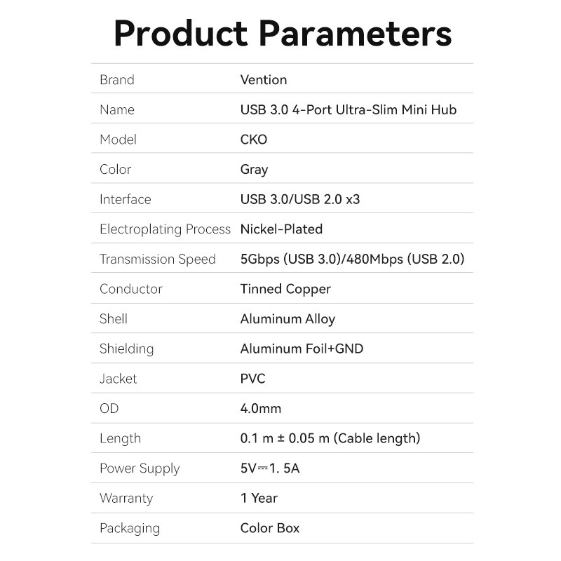 Vention - Mini HUB 0.15M USB 3.0 to USB 3.0/USB 2.0*3 Gray CKOHB Port Hub  