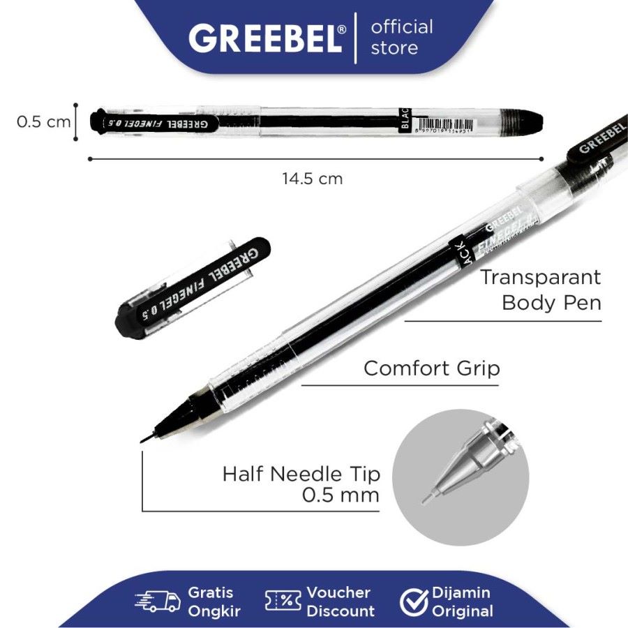 Pulpen Greebel / Greebel Ballpen Fine Gel Hitam, Merah, Biru 0.5MM / Ballpoint