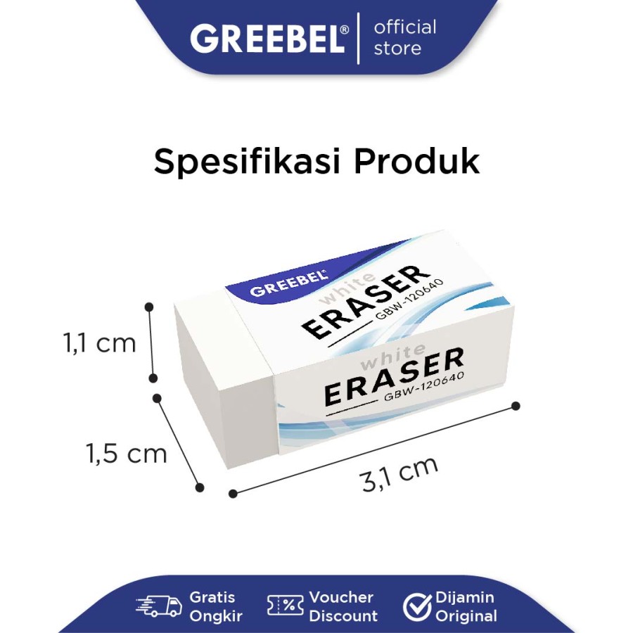 Penghapus Greebel Putih / Greebel Eraser GBW-120640 Kecil - Sedang - Besar / Hapusan Pensil Putih