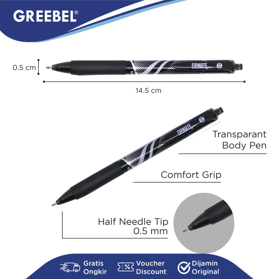 Pulpen Greebel / Greebel Gel Pen GP-505 Ornate 0.5MM Hitam / Ballpoint  