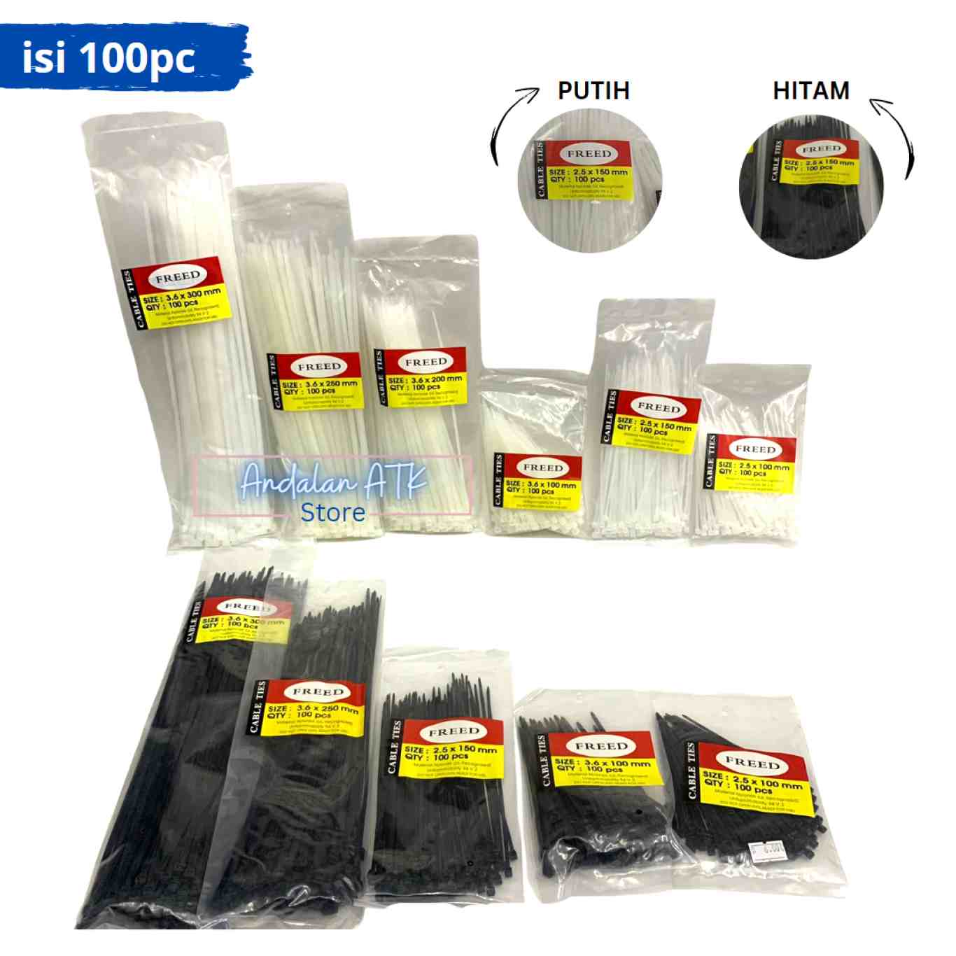 Kabel Ties Freed Hitam dan Putih 3.5 x 100mm  