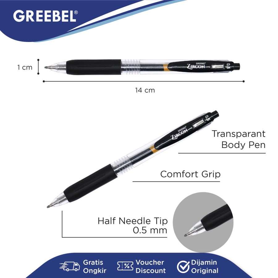 Pulpen Greebel / Greebel Gel Pen GP-509 Zircon 0.5MM Hitam / Ballpoint  