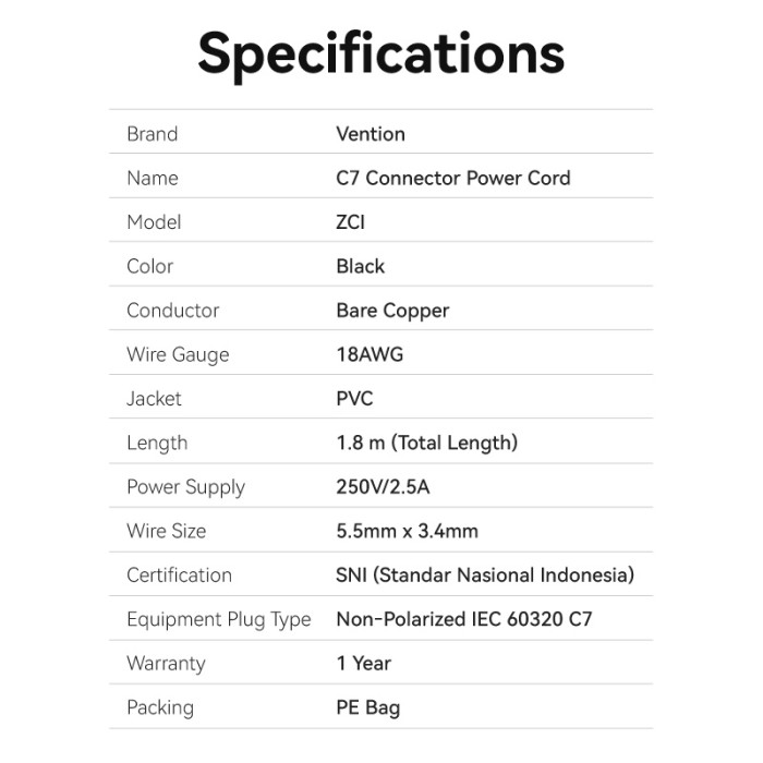 Vention - Power Cord 2-Prong 1.8M C7 Connector EU Plug ZCIBAC  