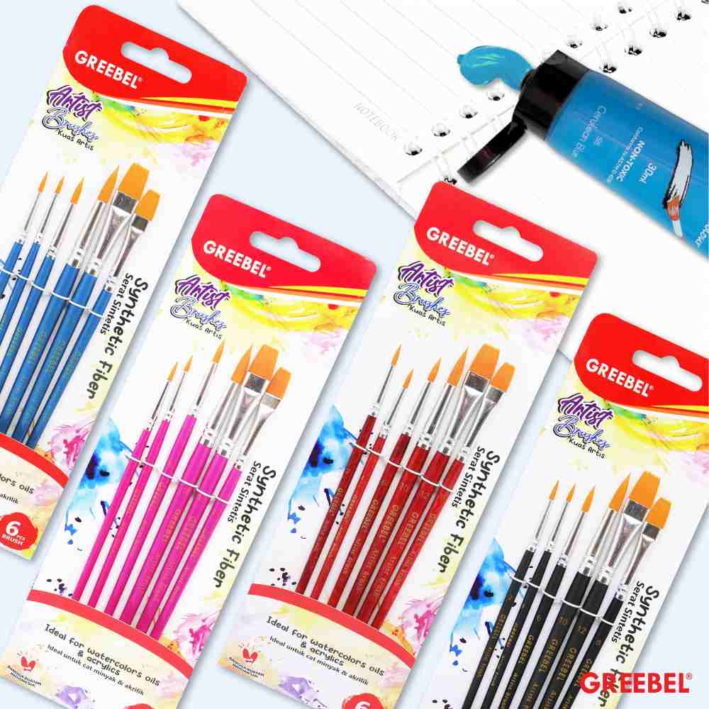 Kuas Lukis Brush Greebel BRSH-AB-6FR / Kuas SET Round & Flat Isi 6  